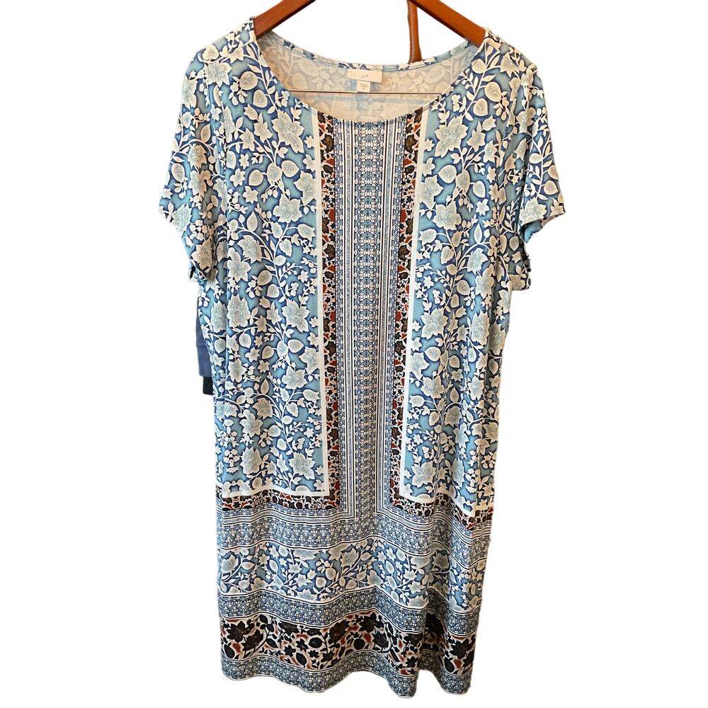 J. Jill Blue Floral Border-Print Mini Dress with Brown and Cream Trim